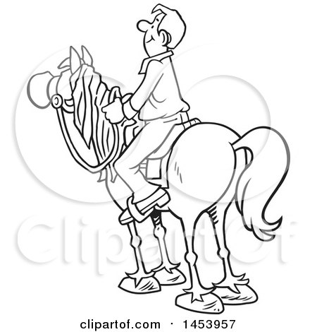 Clipart of a Cartoon Black and White Horseback Man Surveying the Land - Royalty Free Vector Illustration by Johnny Sajem
