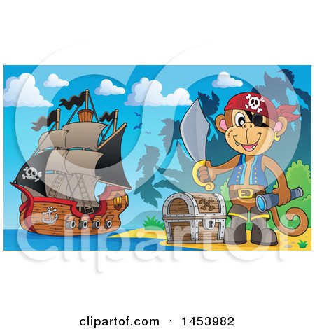 Clipart of a Monkey Pirate Holding a Sword by a Treasure Chest on a Beach - Royalty Free Vector Illustration by visekart
