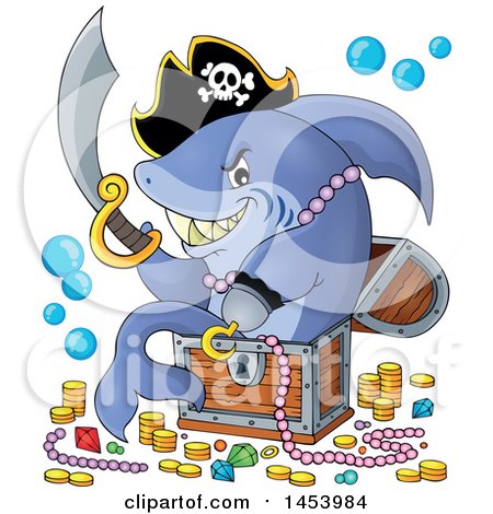 Clipart of a Pirate Shark Holding a Sword and Sitting in a Treasure Chest - Royalty Free Vector Illustration by visekart