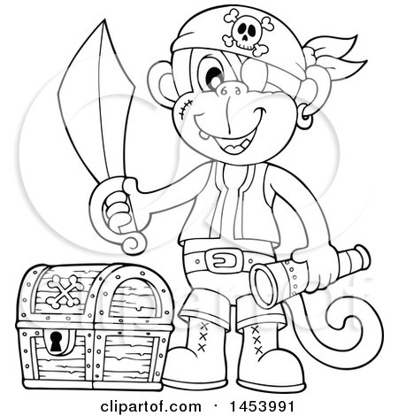 Clipart of a Black and White Lineart Monkey Pirate Holding a Sword and Telescope by a Treasure Chest - Royalty Free Vector Illustration by visekart