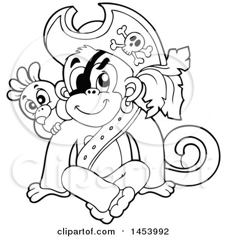 Clipart of a Black and White Lineart Sitting Monkey Pirate with a Parrot - Royalty Free Vector Illustration by visekart