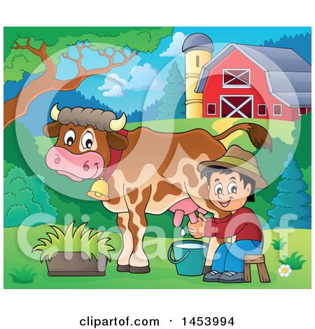 Clipart of a Happy Farmer Boy Milking a Cow in a Barnyard - Royalty Free Vector Illustration by visekart