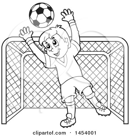 Clipart of a Black and White Lineart Soccer Goalie Boy Blocking a Ball in Front of a Goal - Royalty Free Vector Illustration by visekart