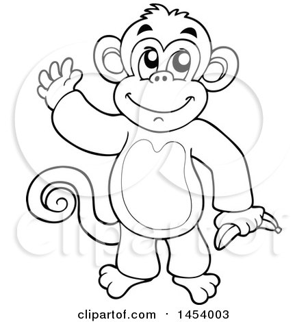 Clipart of a Black and White Lineart Happy Monkey Waving and Holding a Banana - Royalty Free Vector Illustration by visekart