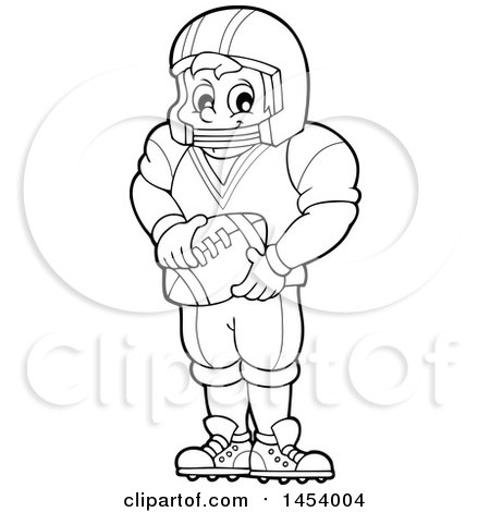 Clipart of a Black and White Lineart Male American Football Player Holding a Ball - Royalty Free Vector Illustration by visekart