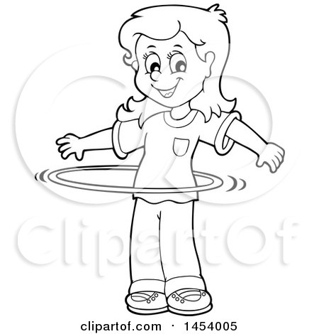 Clipart of a Black and White Lineart Girl Playing with a Hula Hoop - Royalty Free Vector Illustration by visekart