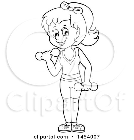 Clipart of a Black and White Lineart Woman Working out with Dumbbells - Royalty Free Vector Illustration by visekart