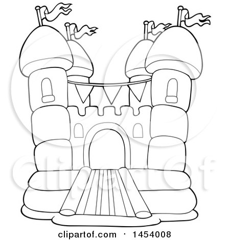 Clipart of a Black and White Lineart Bouncy House Castle - Royalty Free Vector Illustration by visekart