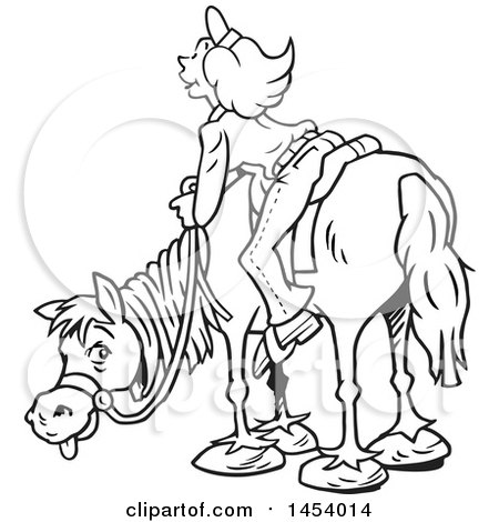 Clipart of a Cartoon Black and White Lineart Horseback Woman Enjoying a View - Royalty Free Vector Illustration by Johnny Sajem