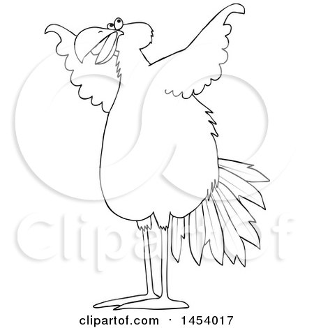 Clipart of a Cartoon Black and White Lineart Big Bird Spreading Its Wings - Royalty Free Vector Illustration by djart
