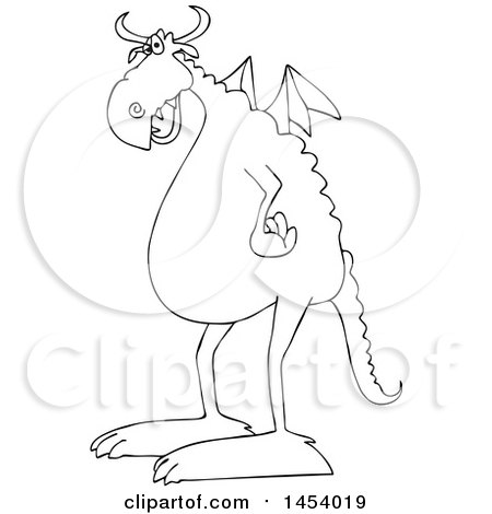 Clipart of a Cartoon Black and White Lineart Dragon Facing Left - Royalty Free Vector Illustration by djart