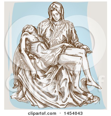 Clipart of a Brown Sketched Pieta Renaissance Sculpture by Michelangelo over Blue and off White - Royalty Free Vector Illustration by Domenico Condello