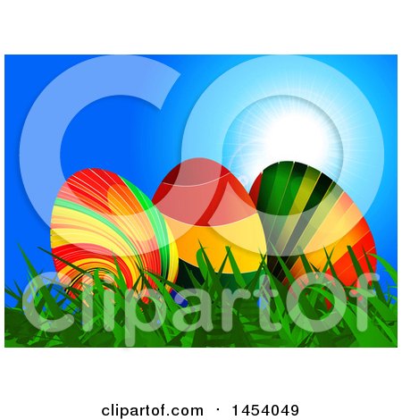 Clipart of a Trio of 3d Colorful Striped Easter Eggs in Grass Against Blue Sky - Royalty Free Vector Illustration by elaineitalia