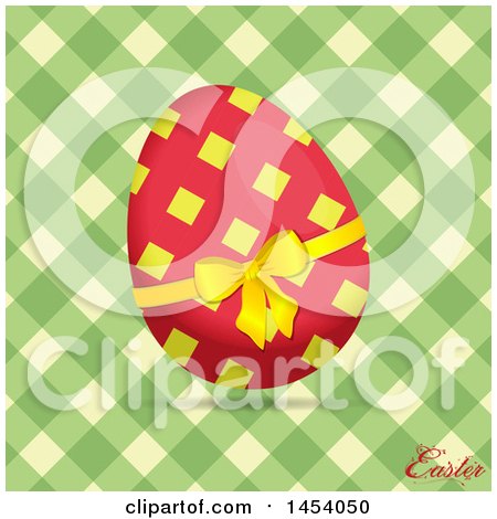 Clipart of a Red and Yellow Easter Egg over Green and Cream Gingham with Text - Royalty Free Vector Illustration by elaineitalia