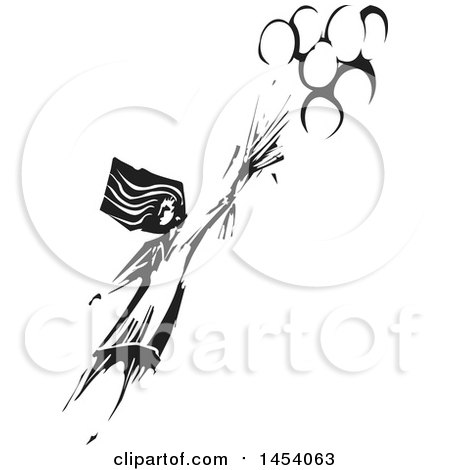 Clipart of a Black and White Woodcut Girl Flying Away with Balloons - Royalty Free Vector Illustration by xunantunich