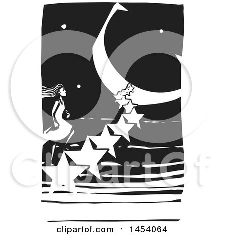 Clipart of a Black and White Woodcut Woman Climbing a Staircase of Stars Leading to a Crescent Moon Moon - Royalty Free Vector Illustration by xunantunich