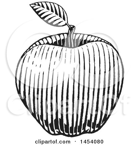 Clipart of a Black and White Sketched Apple with a Leaf - Royalty Free Vector Illustration by cidepix