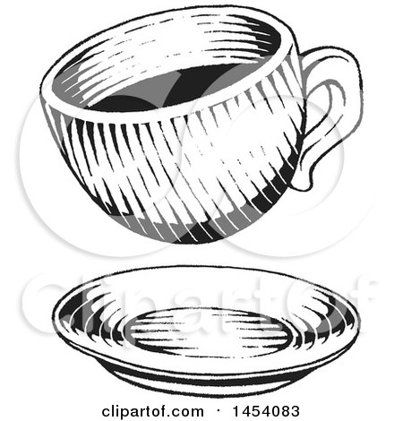Clipart of a Black and White Sketched Coffee Cup over a Saucer - Royalty Free Vector Illustration by cidepix