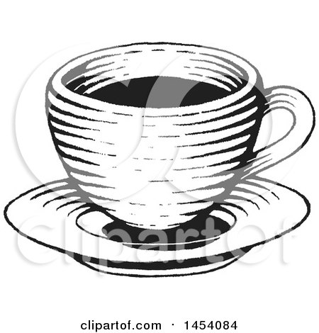 Clipart of a Black and White Sketched Coffee Cup on a Saucer - Royalty Free Vector Illustration by cidepix