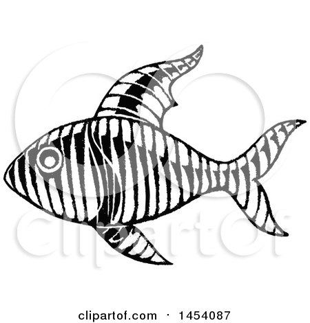 Clipart of a Black and White Sketched Fish - Royalty Free Vector Illustration by cidepix