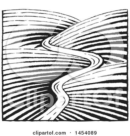 Clipart of a Black and White Sketched River Through Hills - Royalty Free Vector Illustration by cidepix
