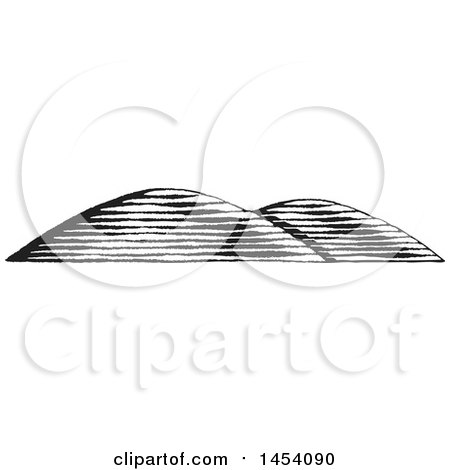 Clipart of a Black and White Sketched Hilly Landscape - Royalty Free Vector Illustration by cidepix