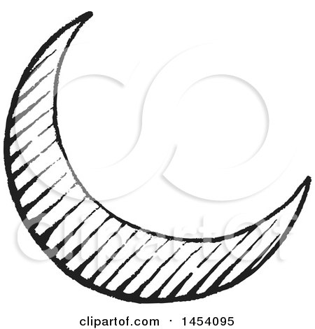 Clipart of a Black and White Sketched Crescent Moon - Royalty Free Vector Illustration by cidepix