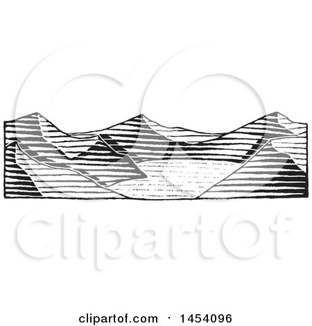 Clipart of a Black and White Sketched Landscape of Mountains and a Lake - Royalty Free Vector Illustration by cidepix