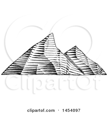 Clipart of a Black and White Sketched Landscape of Mountains - Royalty Free Vector Illustration by cidepix