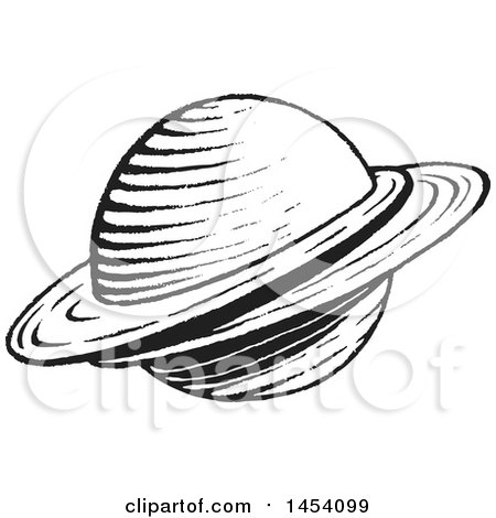 Clipart of a Black and White Sketched Ringed Planet - Royalty Free Vector Illustration by cidepix
