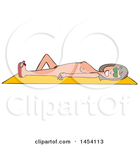 Clipart of a Cartoon Happy Nude White Woman Sun Bathing on a Beach Towel - Royalty Free Vector Illustration by djart