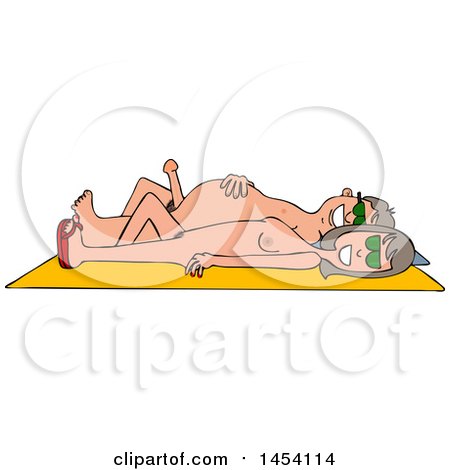 Clipart of a Cartoon Happy Nude White Couple Sun Bathing on a Beach Towel - Royalty Free Vector Illustration by djart
