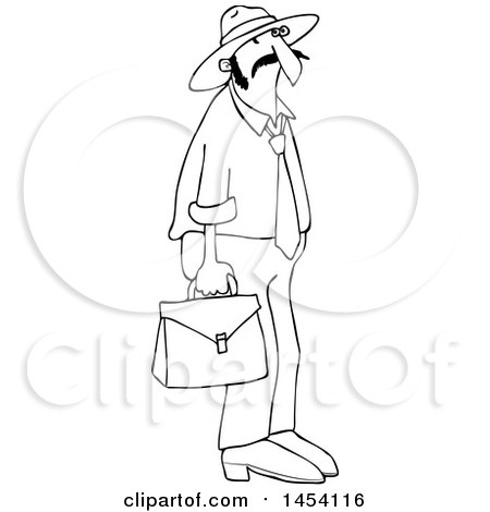 Clipart of a Cartoon Black and White Lineart Hispanic Sales Man Carrying a Case - Royalty Free Vector Illustration by djart