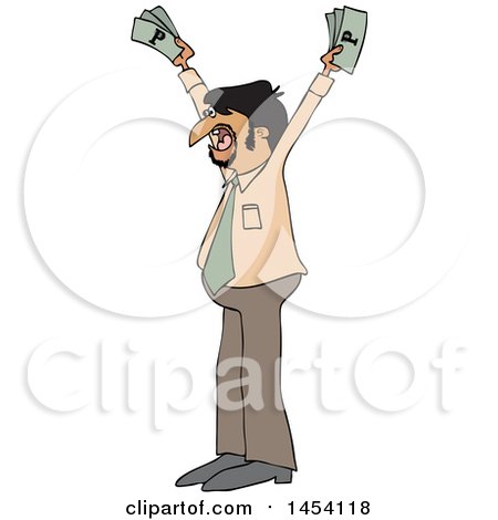 Clipart of a Cartoon Hispanic Business Man Holding up Cash Money - Royalty Free Vector Illustration by djart