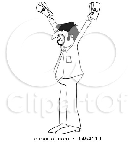 Clipart of a Cartoon Black and White Lineart Hispanic Business Man Holding up Cash Money - Royalty Free Vector Illustration by djart