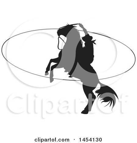 Clipart Graphic of a Black Silhouetted Horseback Rancher Cowboy Swinging a Lasso - Royalty Free Vector Illustration by Pushkin