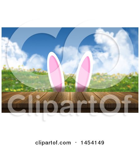 Clipart Graphic of a 3d Wooden Deck and Spring Landscape with Cartoon Bunny Ears - Royalty Free Illustration by KJ Pargeter
