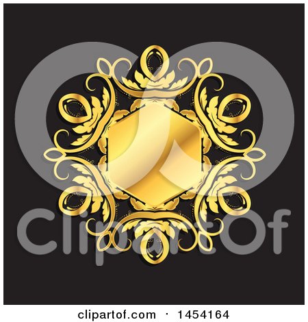 Clipart Graphic of a Shiny Ornate Golden Floral Frame on Black - Royalty Free Vector Illustration by KJ Pargeter