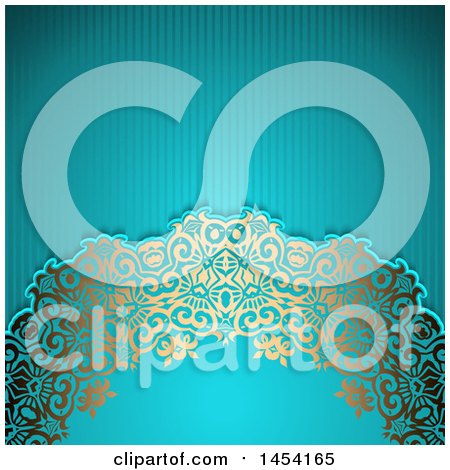 Clipart Graphic of a Fancy Ornate Golden Floral Arch over Text Space and Blue Stripes - Royalty Free Vector Illustration by KJ Pargeter