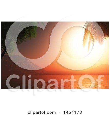 Clipart Graphic of a 3d Landscape of an Orange Ocean Sunset over a Bay - Royalty Free Illustration by KJ Pargeter