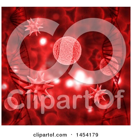 Clipart Graphic of a 3d Red Dna Strand and Virus Cells Background - Royalty Free Illustration by KJ Pargeter
