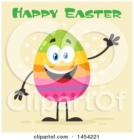 Clipart Graphic of a Cartoon Colorful Easter Egg Mascot Character Waving Under Text - Royalty Free Vector Illustration by Hit Toon