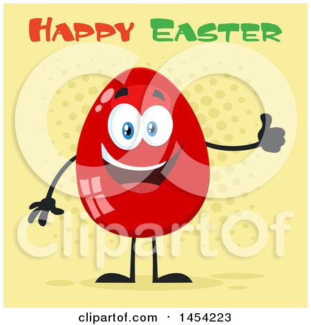 Clipart Graphic of a Cartoon Red Easter Egg Mascot Character Giving a Thumb up Under Text - Royalty Free Vector Illustration by Hit Toon