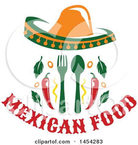 Clipart Graphic of a Mexican Food Design with a Sombrero, Silverware and Peppers - Royalty Free Vector Illustration by Vector Tradition SM