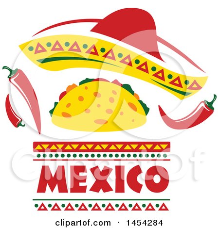Clipart Graphic of a Mexican Food Design with a Sombrero, Taco and Peppers - Royalty Free Vector Illustration by Vector Tradition SM