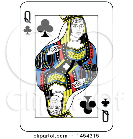 Clipart Graphic of a French Styled Queen of Clubs Playing Card Design - Royalty Free Vector Illustration by Frisko