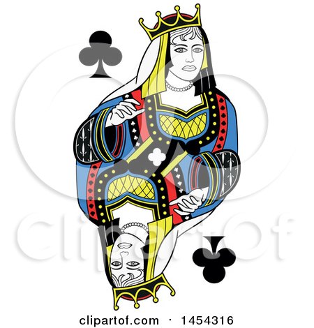 Clipart Graphic of a French Styled Queen of Clubs Design - Royalty Free Vector Illustration by Frisko