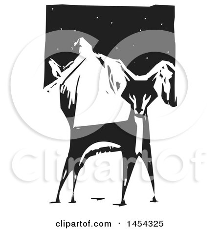Clipart Graphic of a Black and White Woodcut Alert Fox Against Mountains - Royalty Free Vector Illustration by xunantunich