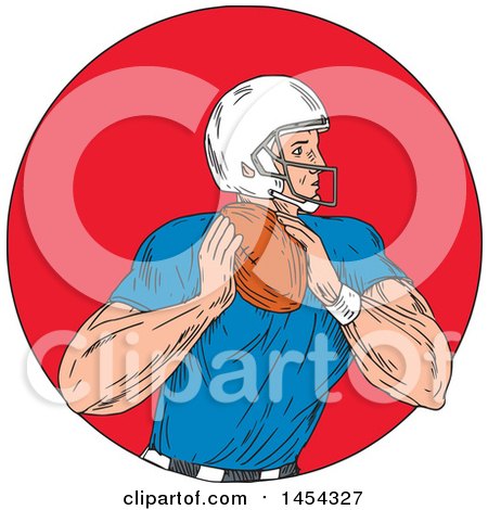 Clipart Graphic of a Sketched Drawing of an American Football Player Quarterback Ready to Throw a Ball in a Red Circle - Royalty Free Vector Illustration by patrimonio