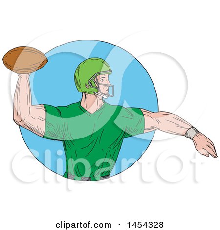Clipart Graphic of a Sketched Drawing of an American Football Player Quarterback in a Green Uniform, Throwing a Ball in a Blue Circle - Royalty Free Vector Illustration by patrimonio